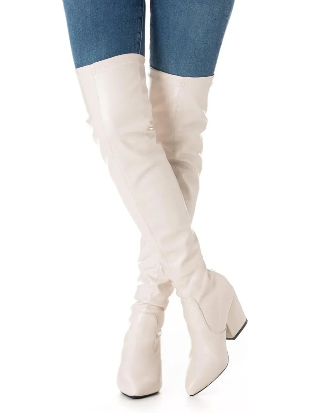 Women's Cream Suede Pointed Toe Flat Comfort Over the Knee Thigh High Boots